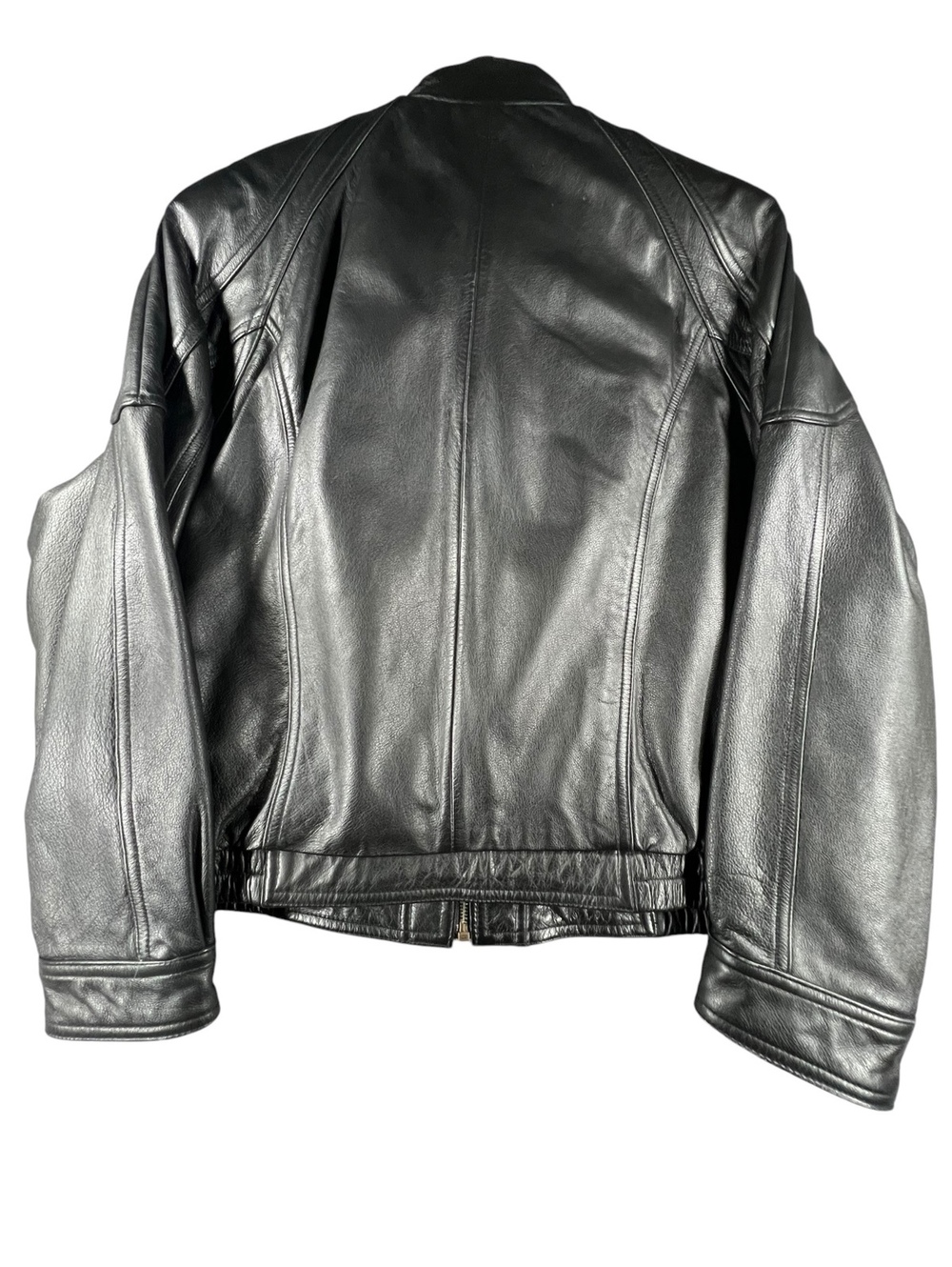 Black Genuine Leather Bomber Jacket Funnel Neck Zip Out Liner 90s - Picture 4 of 8